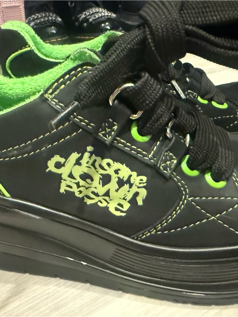 Dolls Kill Black Insane Clown Posse Platform Sneakers with Neon Green Accents
